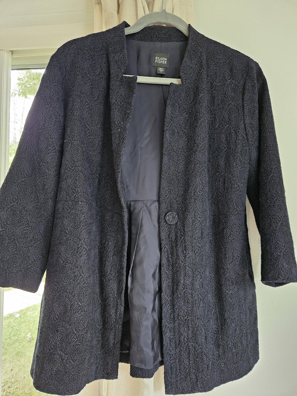 Eileen Fisher Navy Textured Collarless Single-Button Jacket